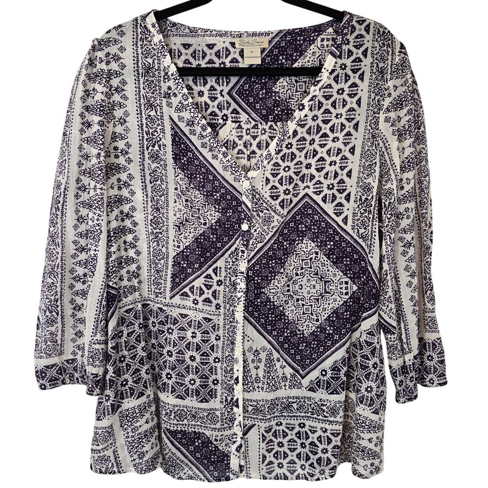 Lucky Brand Shirt Women's XL Purple Cream Bandana Print Boho Hippie Casual